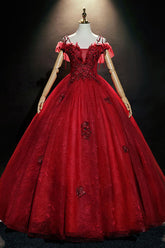 Burgundy Prom Dress Off the Shoulder Tulle Lace Long Sweet 16 Dress Evening Dress